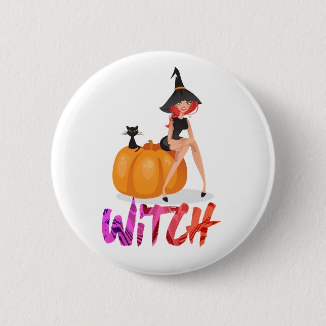 Happy Halloween Witch Setting on Pumpkin Button (Front)