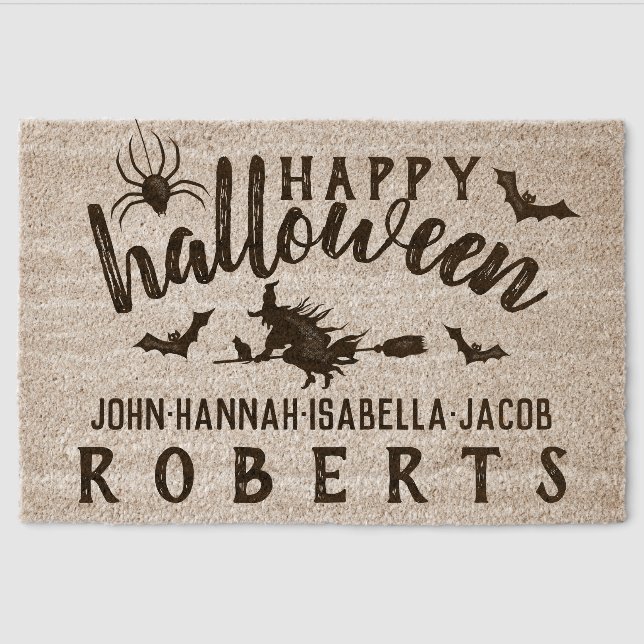 Happy Halloween Witch Spider and Bats Custom Name Fiber Doormat (Front)