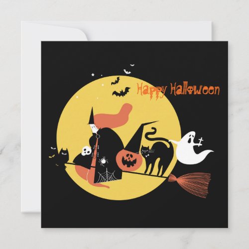 Happy Halloween Witch spooky cartoon funny Flat Holiday Card