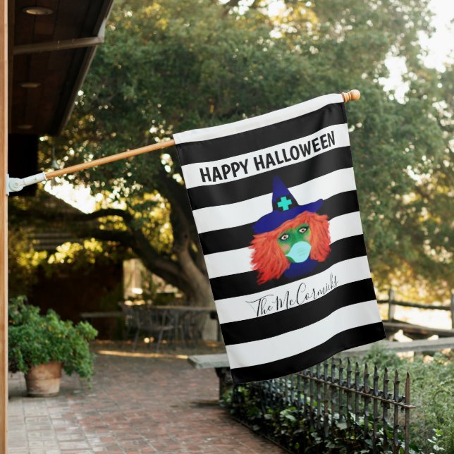Happy Halloween Witch Striped Family Monogram House Flag (In SItu)