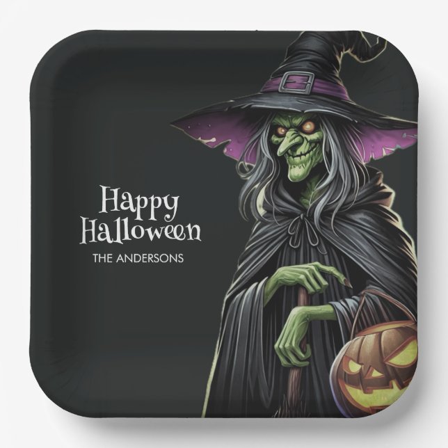 Happy Halloween Witch Themed Halloween Party Paper Plates (Front)