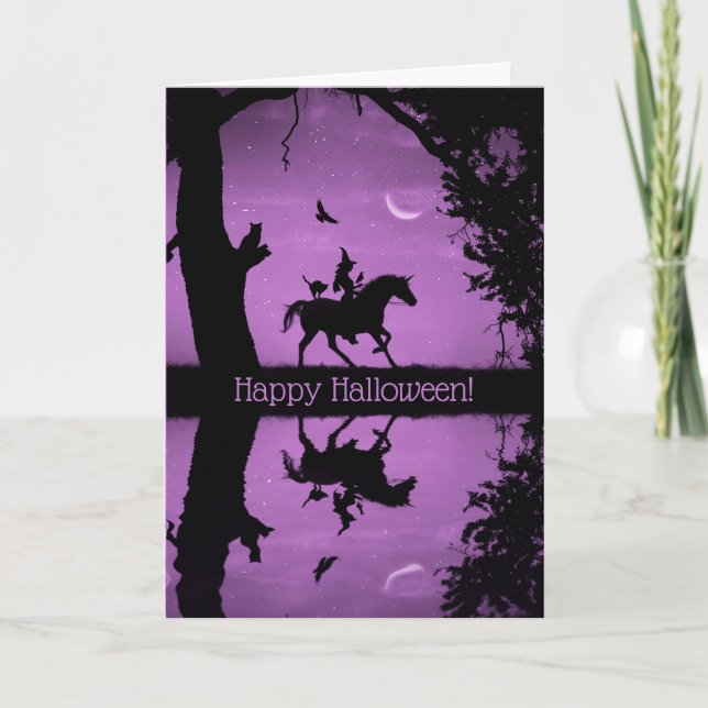 Happy Halloween Witch Unicorn Owl Cat Ravens Card (Front)