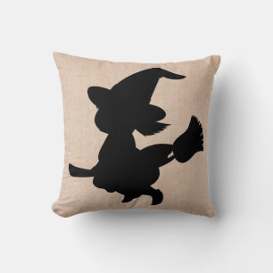 Happy Halloween Witch with Broom Burlap Throw Pillow