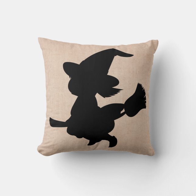 Happy Halloween Witch with Broom Burlap Throw Pillow (Front)