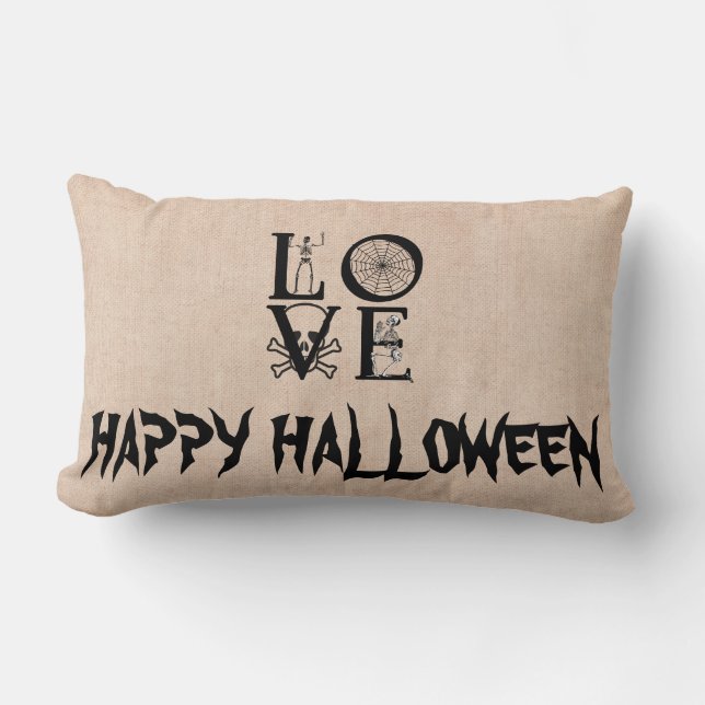 Happy Halloween Witch with her Broom Burlap Throw Lumbar Pillow (Front)