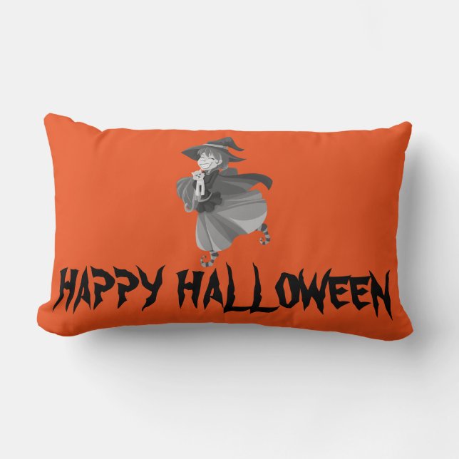 Happy Halloween Witch with her Broom Orange Throw Lumbar Pillow (Front)