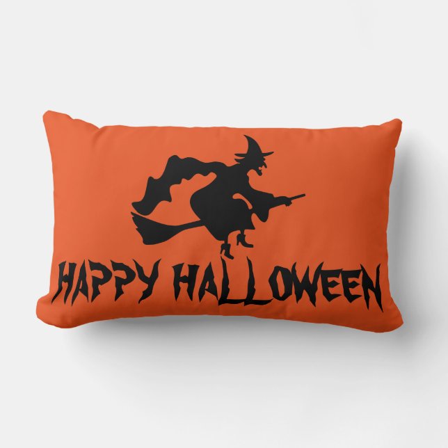 Happy Halloween Witch with her Broom Orange Throw Lumbar Pillow (Front)