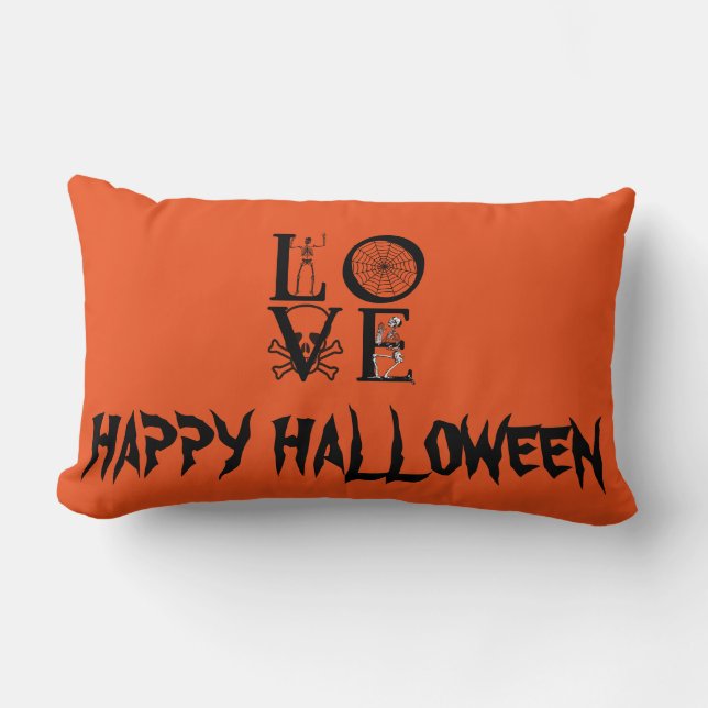 Happy Halloween Witch with her Broom Orange Throw Lumbar Pillow (Front)