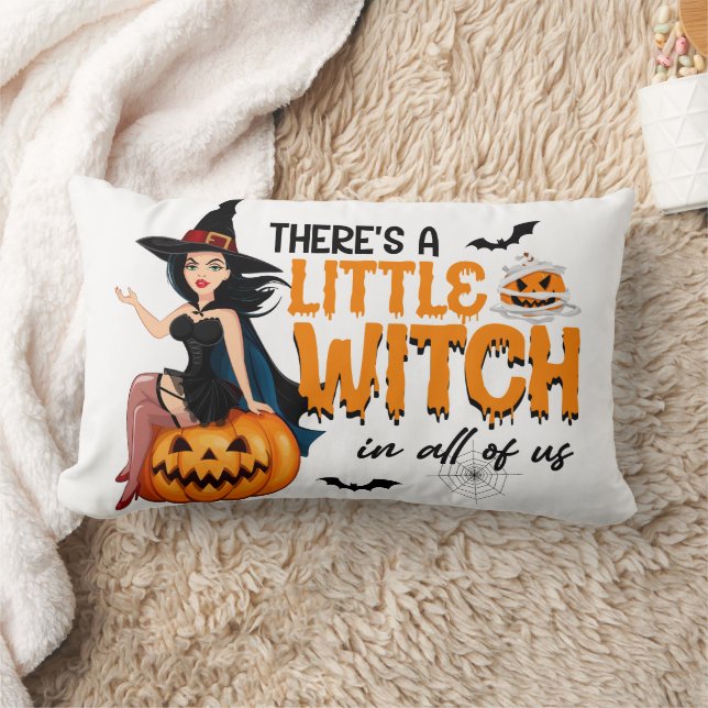 Happy Halloween Witch with her Broom Orange Throw Lumbar Pillow (Blanket)