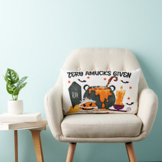 Happy Halloween Witch with her Broom Orange Throw Lumbar Pillow