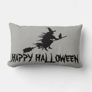 Happy Halloween Witch with her Broom Orange Throw Lumbar Pillow