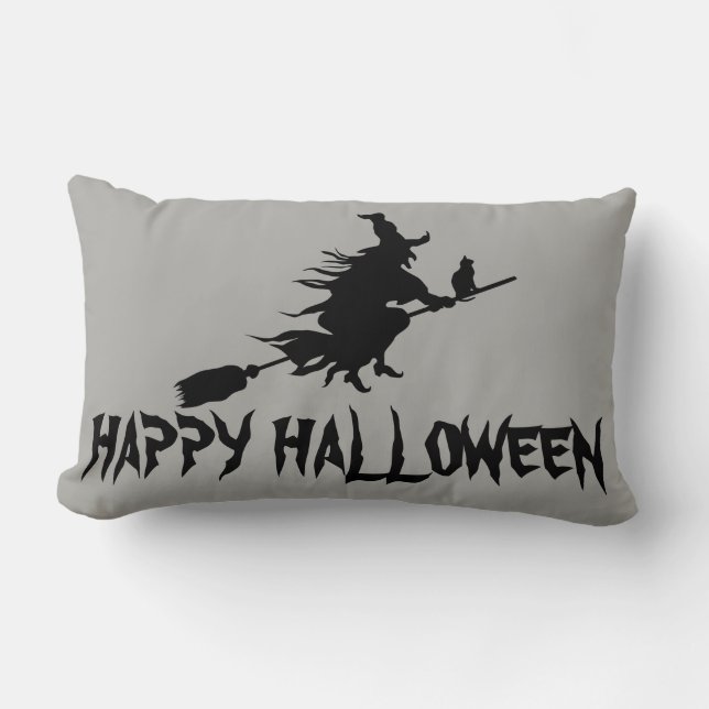 Happy Halloween Witch with her Broom Orange Throw Lumbar Pillow (Front)
