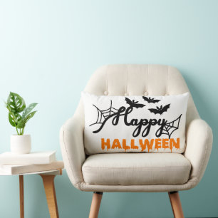 Happy Halloween Witch with her Broom Orange Throw Lumbar Pillow