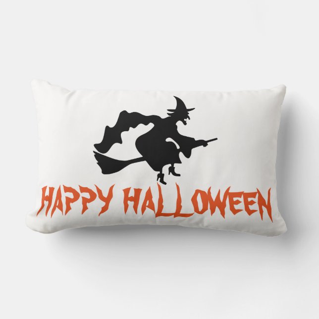 Happy Halloween Witch with her Broom White Throw Lumbar Pillow (Front)