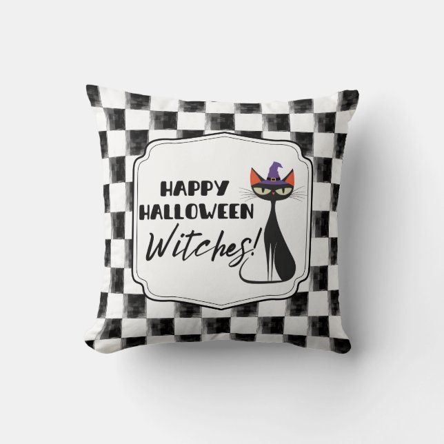 Happy Halloween Witches! Black Witch Kitty  Throw Pillow (Front)
