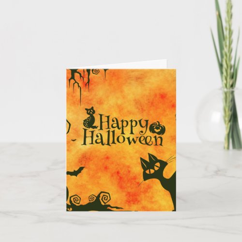 Happy Halloween Witches Cats Spiders Owls Pumpkins Card