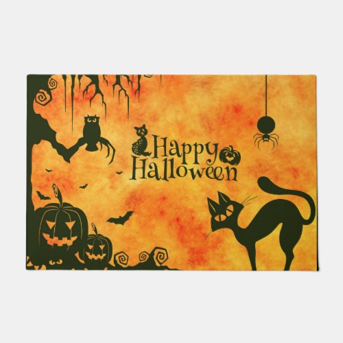 Happy Halloween Witches Cats Spiders Owls Pumpkins Doormat