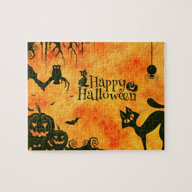 Happy Halloween Witches Cats Spiders Owls Pumpkins Jigsaw Puzzle (Horizontal)