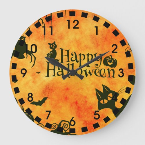 Happy Halloween Witches Cats Spiders Owls Pumpkins Large Clock