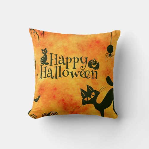 Happy Halloween Witches Cats Spiders Owls Pumpkins Throw Pillow