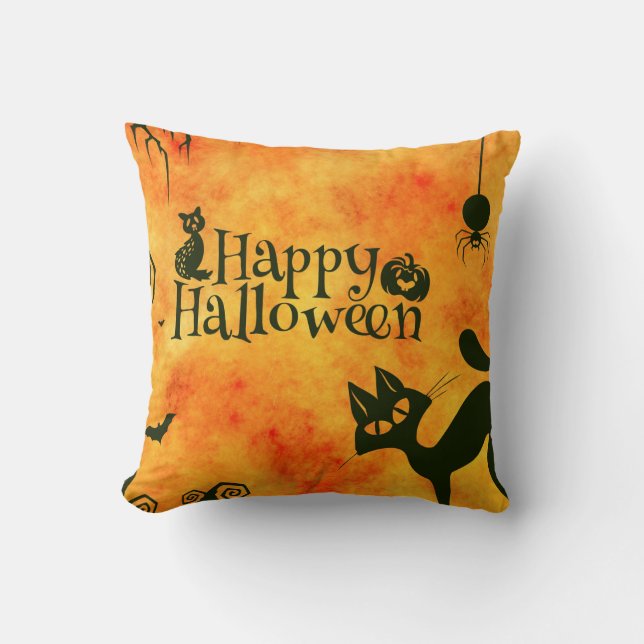 Happy Halloween Witches Cats Spiders Owls Pumpkins Throw Pillow (Front)