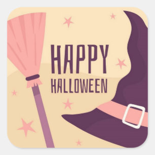 Happy Halloween Witches Hat and Broom Square Sticker