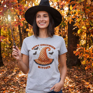 Happy Halloween Witches Orange Gingham Witch Hat T-Shirt