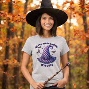 Happy Halloween Witches Purple Gingham Witch Hat T-Shirt