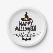Happy Halloween Witches Typography Halloween Paper Plates