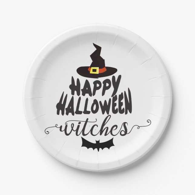 Happy Halloween Witches Typography Halloween Paper Plates (Front)