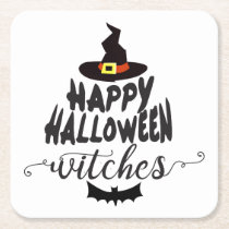 Happy Halloween Witches Typography Halloween Square Paper Coaster