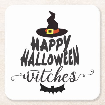 Happy Halloween Witches Typography Halloween Square Paper Coaster
