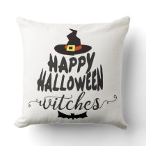Happy Halloween Witches Typography Halloween Throw Pillow