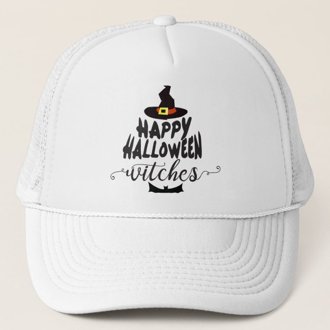 Happy Halloween Witches Typography Halloween Trucker Hat (Front)