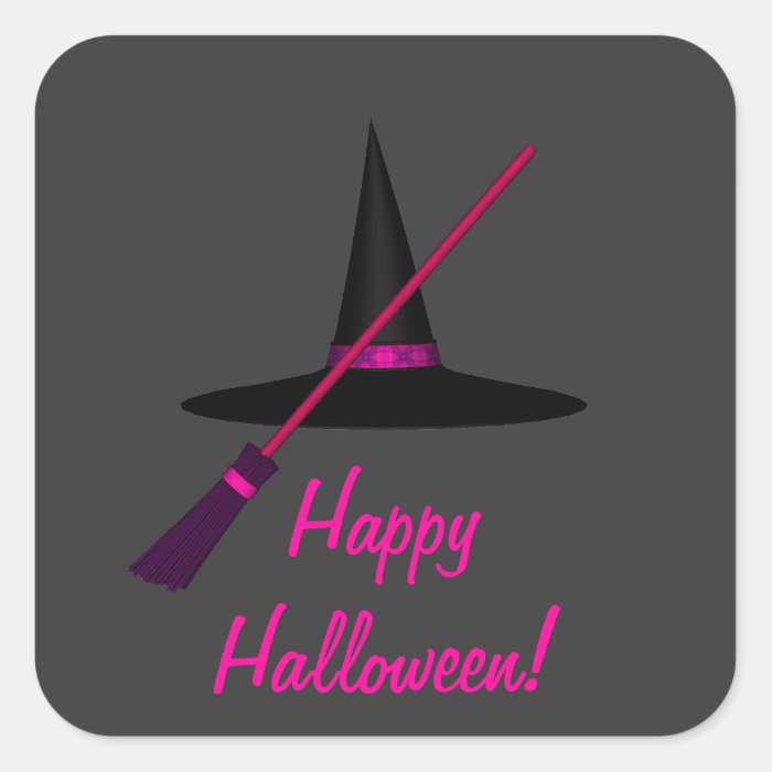 "Happy Halloween" Witch's Broom & Hat Sticker