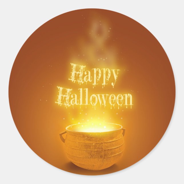 Happy Halloween Witch's Caldron Classic Round Sticker (Front)