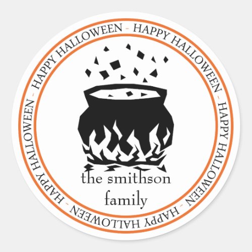 Happy Halloween Witchs Cauldron Black  Orange Classic Round Sticker