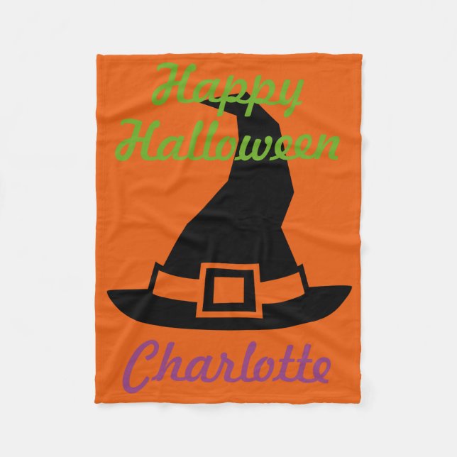 Happy Halloween Witch's Hat on Orange Personalized Fleece Blanket (Front)