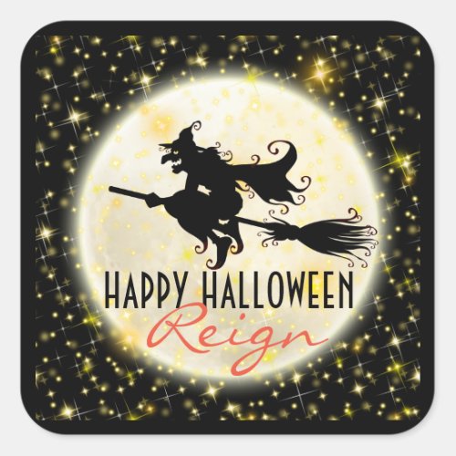 Happy Halloween Witchs Ride Moon Glitter Stickers