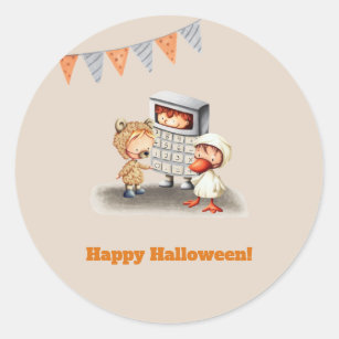 Happy Halloween with bear, duck and calculator kid Classic Round Sticker