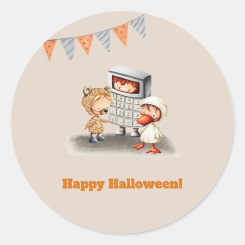 Happy Halloween with bear duck and calculator kid Classic Round Sticker