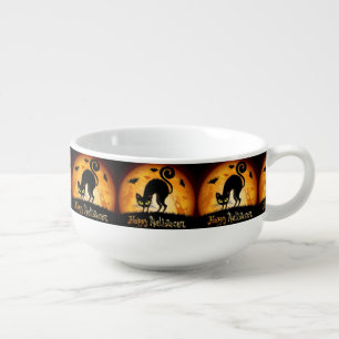 Happy Halloween with Black Cat and Full Moon Soup Mug