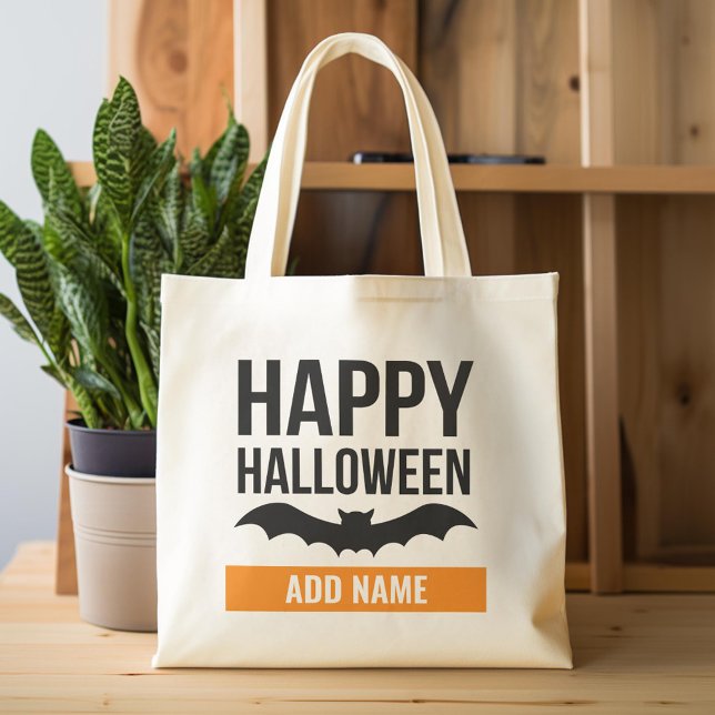 Happy Halloween with Bold Custom Name Treat Tote Bag (Custom Tote Bag)