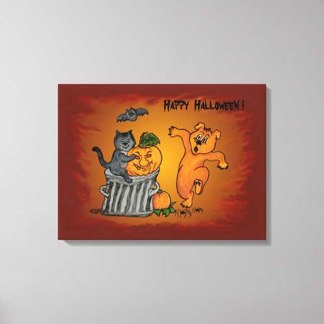 Happy Halloween with Cat Bat Dog and Spider Canvas Print (Front)