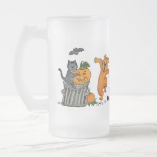 Happy Halloween with Cat Bat Dog and Spider Frosted Glass Beer Mug