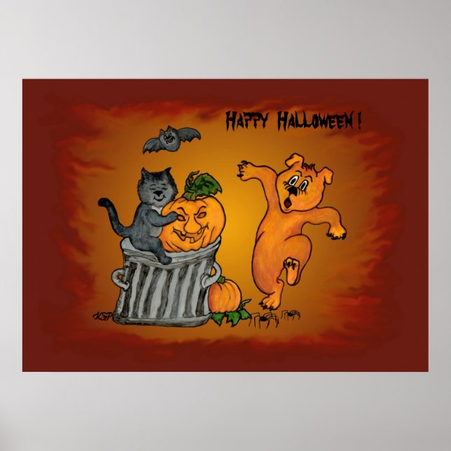 Happy Halloween with Cat Bat Dog and Spider Poster (Front)