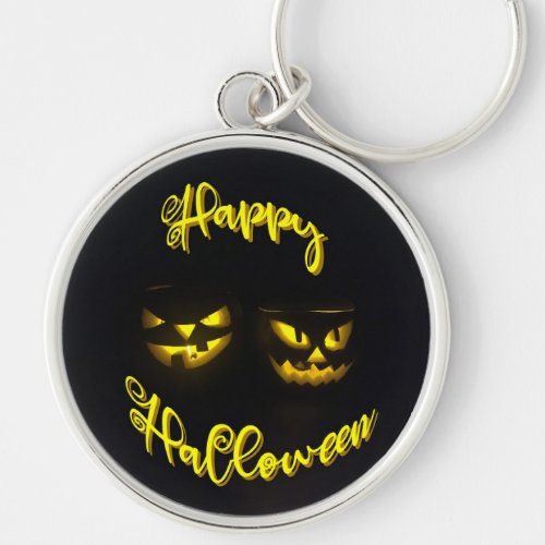 Happy Halloween with creepy yellow glow pumpkin Keychain