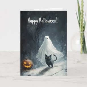 Happy Halloween with Ghost and Cat Letterpress Thank You Card
