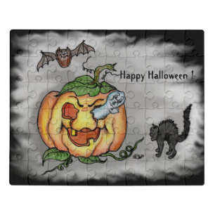 Happy Halloween with Ghost Cat Bat Pumpkin Jigsaw Puzzle