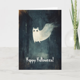 Happy Halloween with Ghost Cat Flying Letterpress Thank You Card